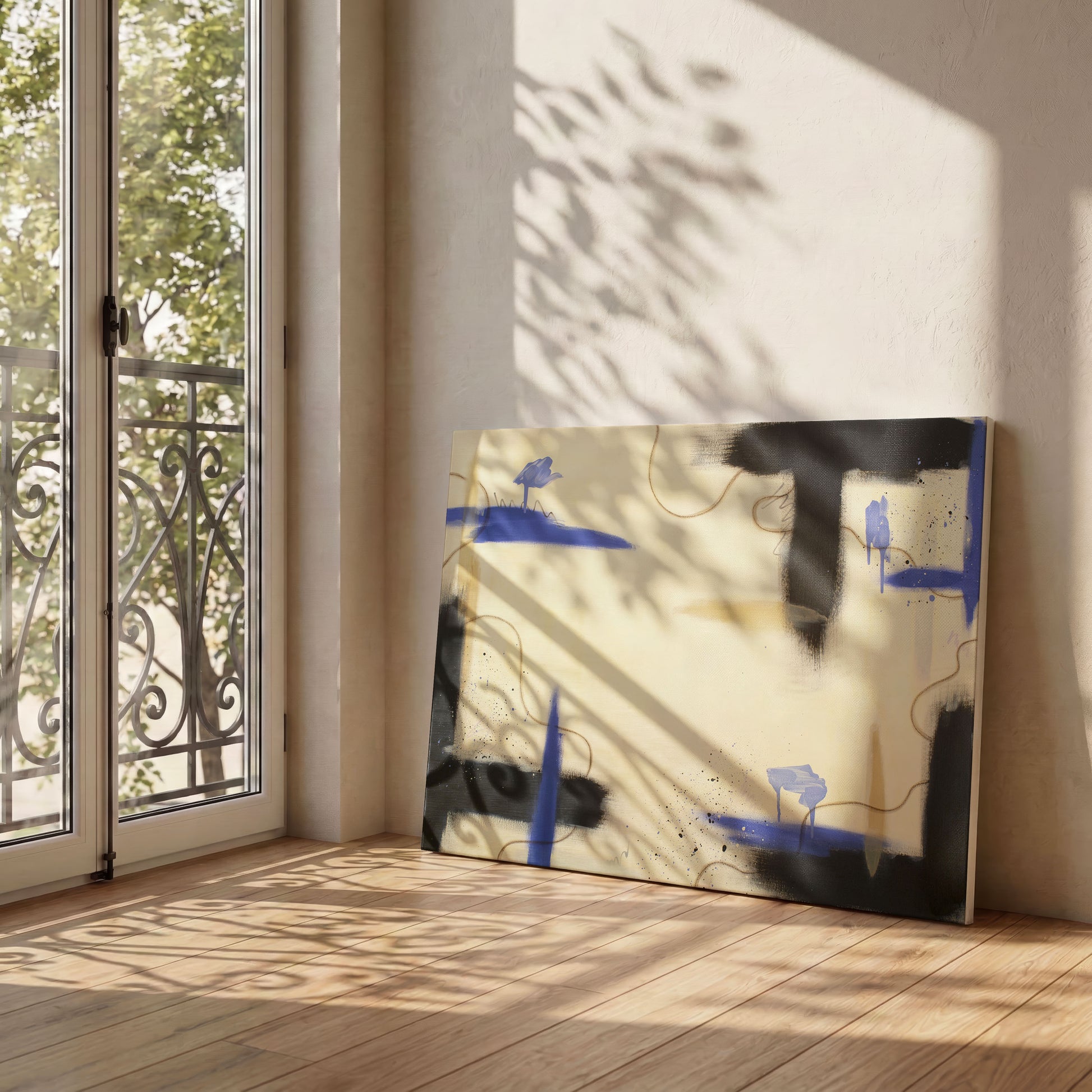 A large canvas print of the painting leaning against a slightly textured white wall, sitting on a light wooden floor. The canvas sits next to a large window on the left, casting the print in light and shadow.