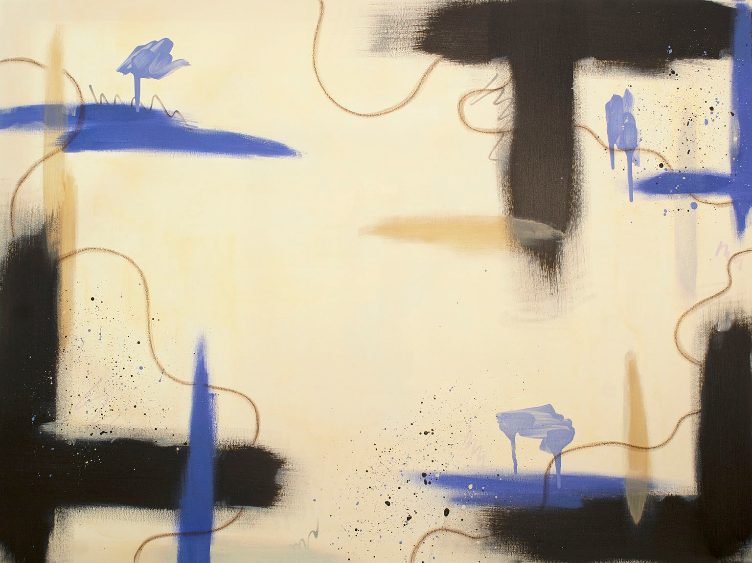 "Suspended Ground" original abstract painting by Abby May. Features a minimalist cream background with raw umber and lavendar structural blocks and delicate lines.