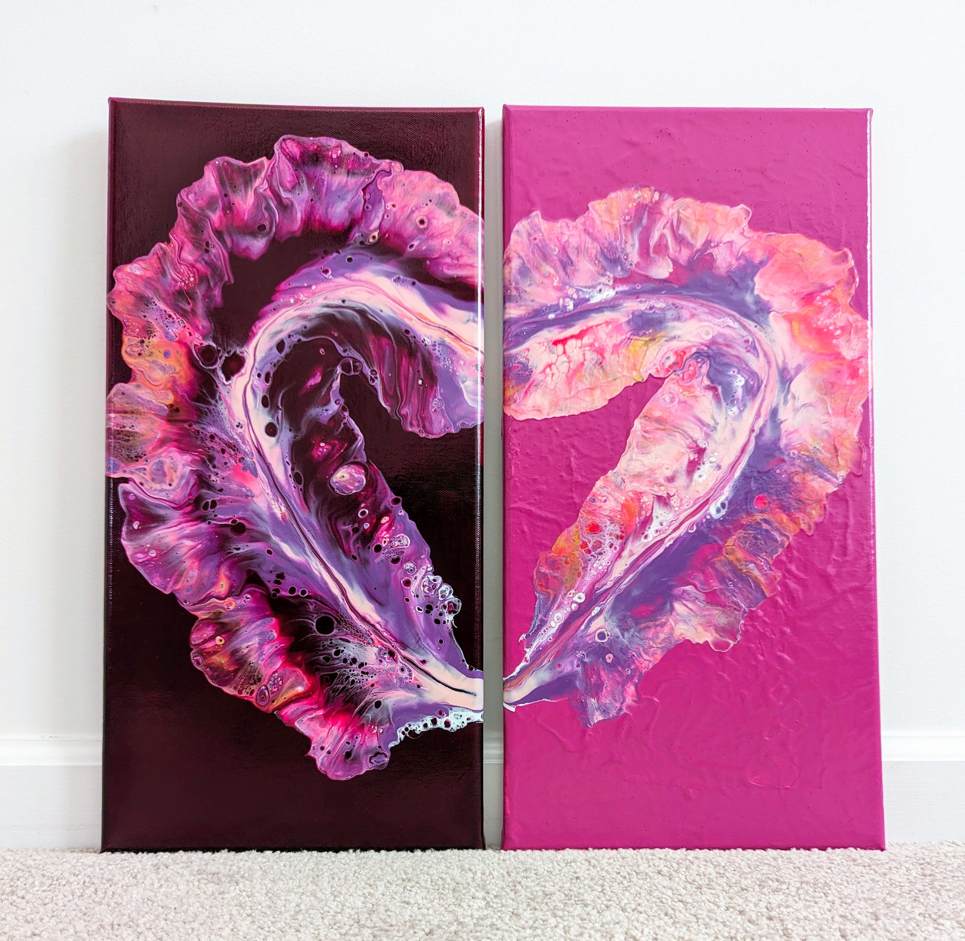 Abstract fluid painting 'Sweet Love Heart' by Abby May Art, featuring flowing pink and purple tones with soft, organic movement.