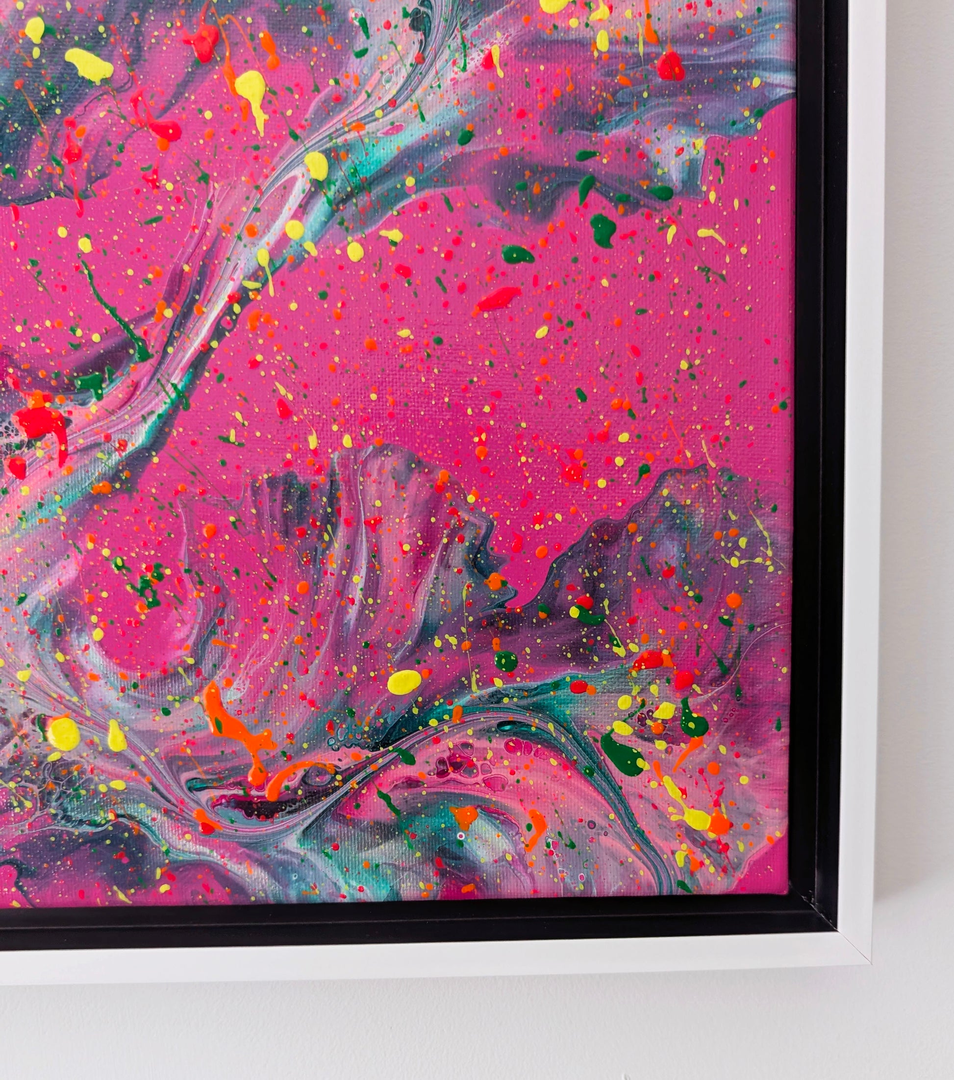 Close-up of 'That’s a Bold Choice,' showing bold teal and purple swirls against a vibrant pink base, accented by splashes of neon yellow, green, and red.