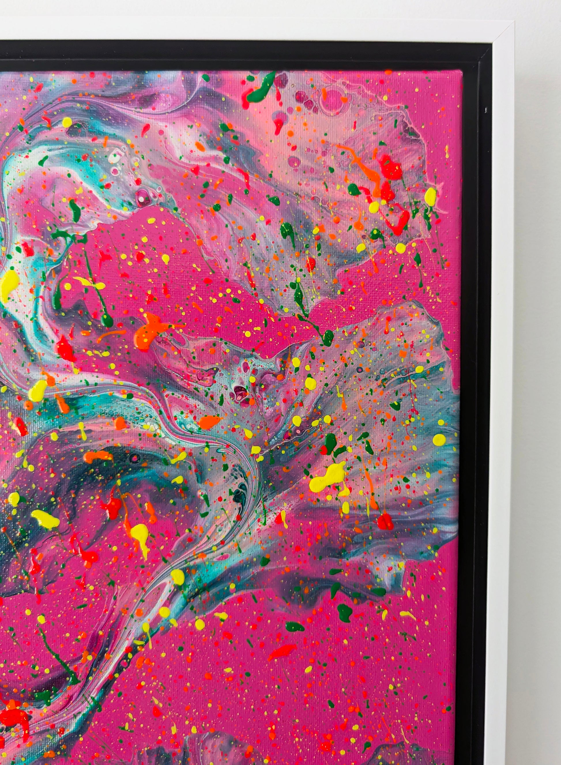 Detail of 'That’s a Bold Choice,' highlighting expressive marbled ribbons of teal and silver-purple blending over bright pink, with scattered fluorescent splatter.