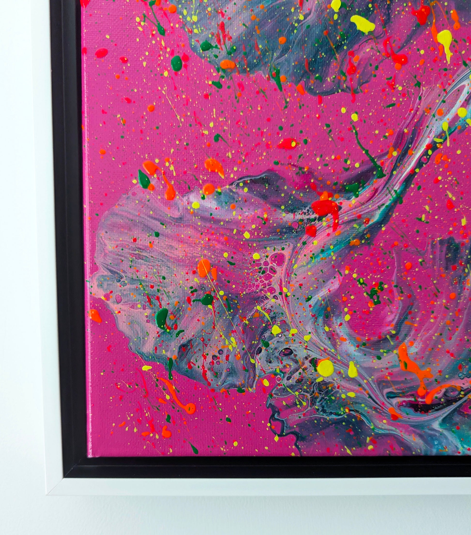 Close-up of the lower left section of 'That’s a Bold Choice,' featuring flowing paint textures in teal and purple with layered neon orange, yellow, and green splashes.