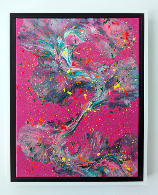 Original abstract fluid art painting titled 'That’s a Bold Choice,' featuring sweeping teal, white, and purple marbled textures over a hot pink background, layered with splashes of neon green, yellow, orange, and red. Displayed in a white floating frame against a white wall.