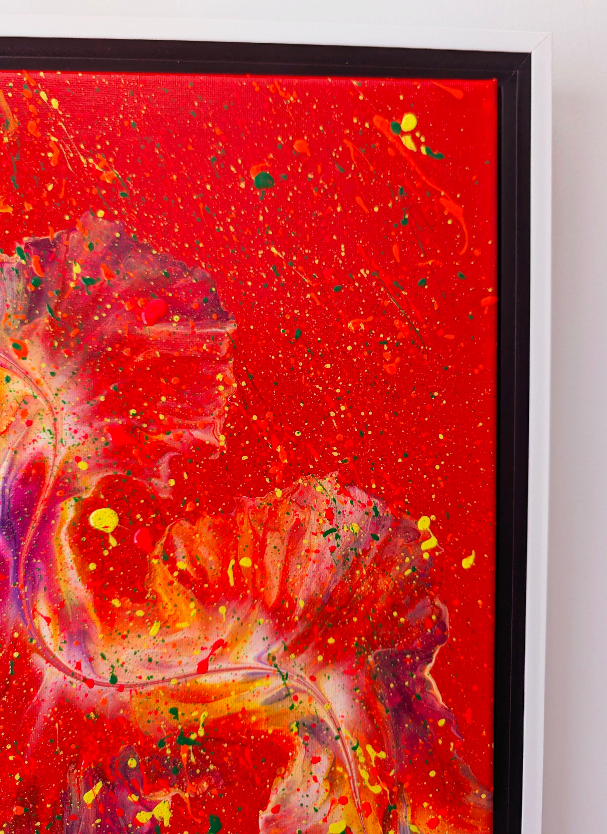 Zoomed-in view of the upper right corner of the painting highlighting delicate fluid lines and color blending in orange, red, and green tones.