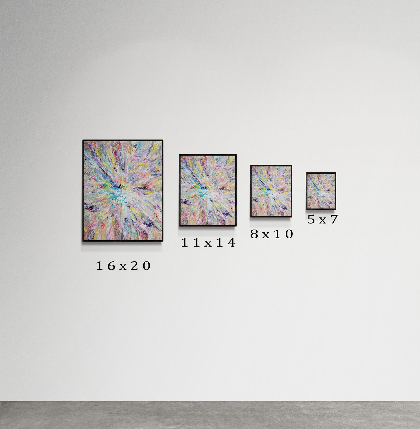 Side-by-side comparison of Abby May Art’s “Unicorn” painting in four sizes—16x20, 11x14, 8x10, and 5x7—each in a black frame on a white wall. The artwork displays soft rainbow fluid textures radiating from the center. Size labels are placed beneath each frame to show scale.