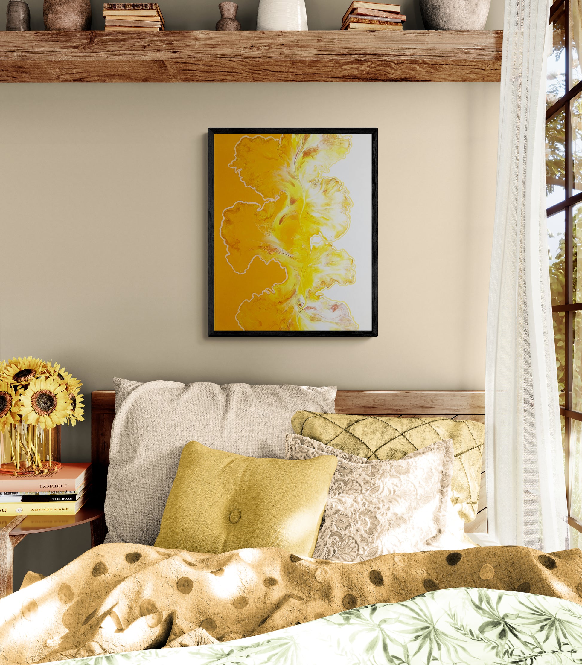 A radiant abstract painting titled "Walk the Line" is framed in black and displayed above a cozy bed with layered pillows in soft cream, gold, and green hues. The artwork features bold fluid forms in golden yellow and white, with a striking vertical division between orange and white backgrounds. The room is styled with rustic wood shelving, natural sunlight, and a vase of sunflowers, creating a warm, inviting bedroom scene filled with earthy charm and golden light.