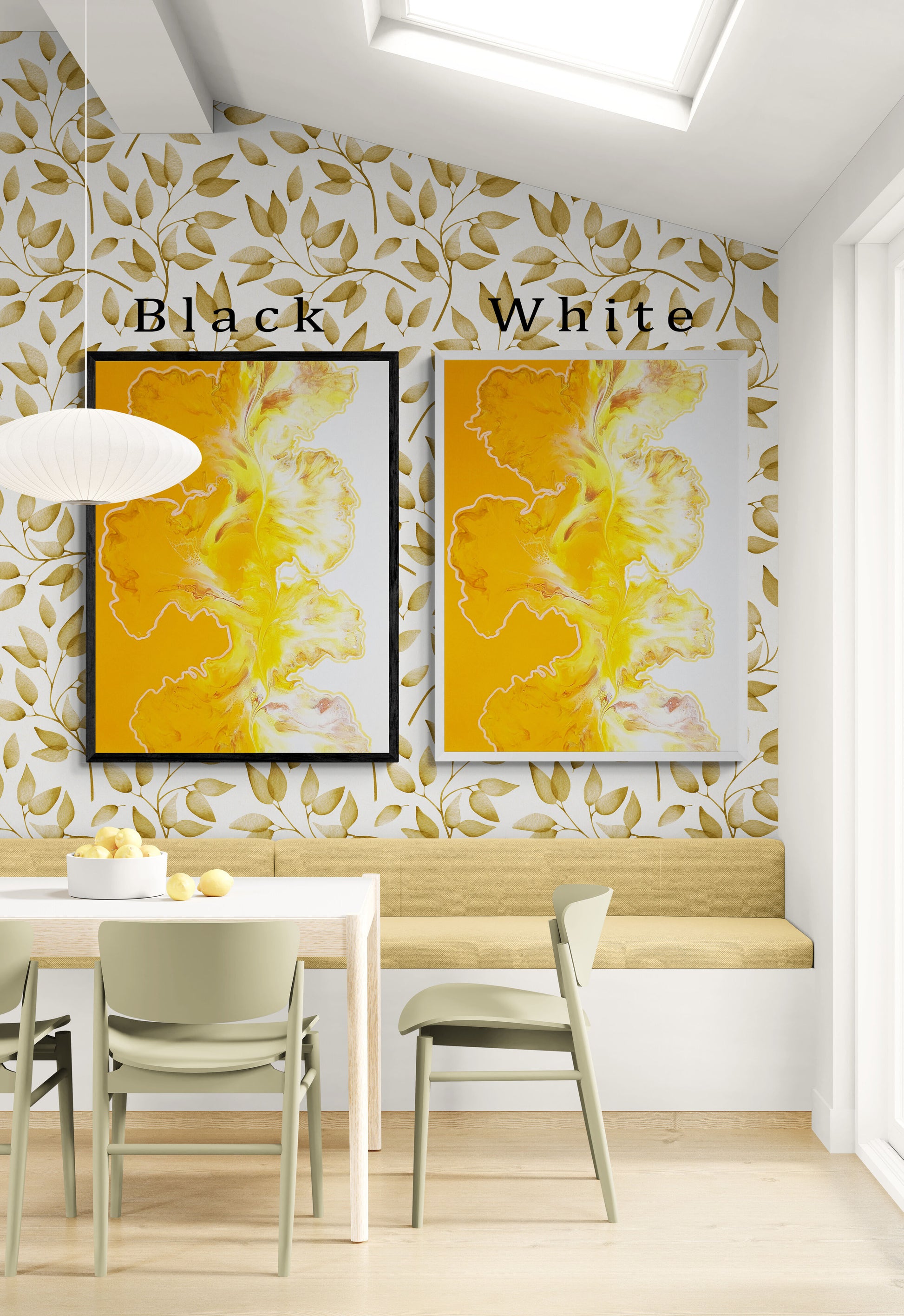 Abstract yellow and white fluid art prints shown in four frame colors—black, white, natural oak, and deep walnut—displayed above a gold and white patterned wall.