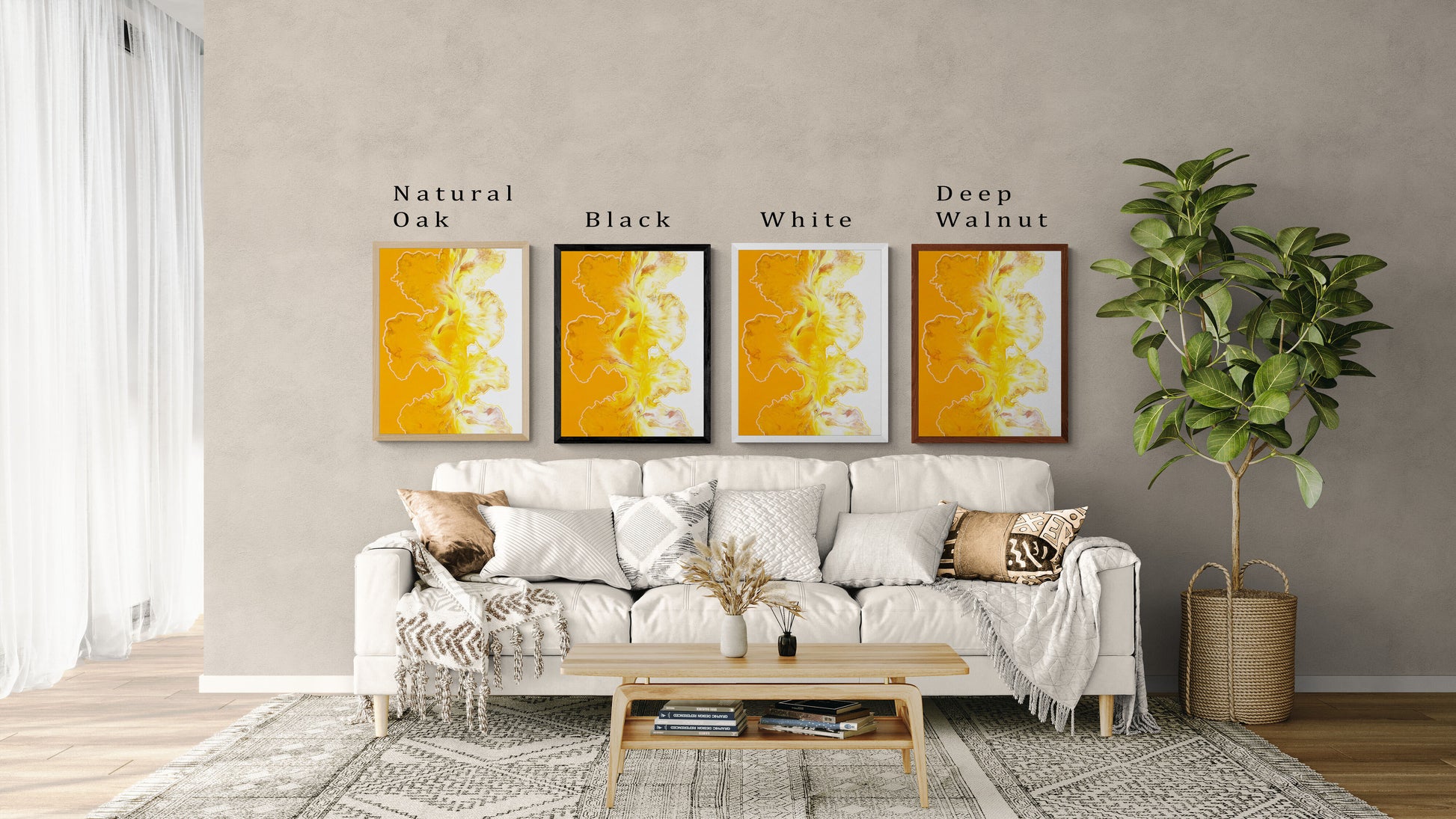 Four framed art prints of Abby May Art’s fluid painting “Walk the Line” displayed above a neutral-toned couch in a modern living room. Each frame shows a different color option—Natural Oak, Black, White, and Deep Walnut. The artwork features warm yellow and soft white fluid movements. The frames are labeled above each print, helping customers compare how the art looks in each frame style.