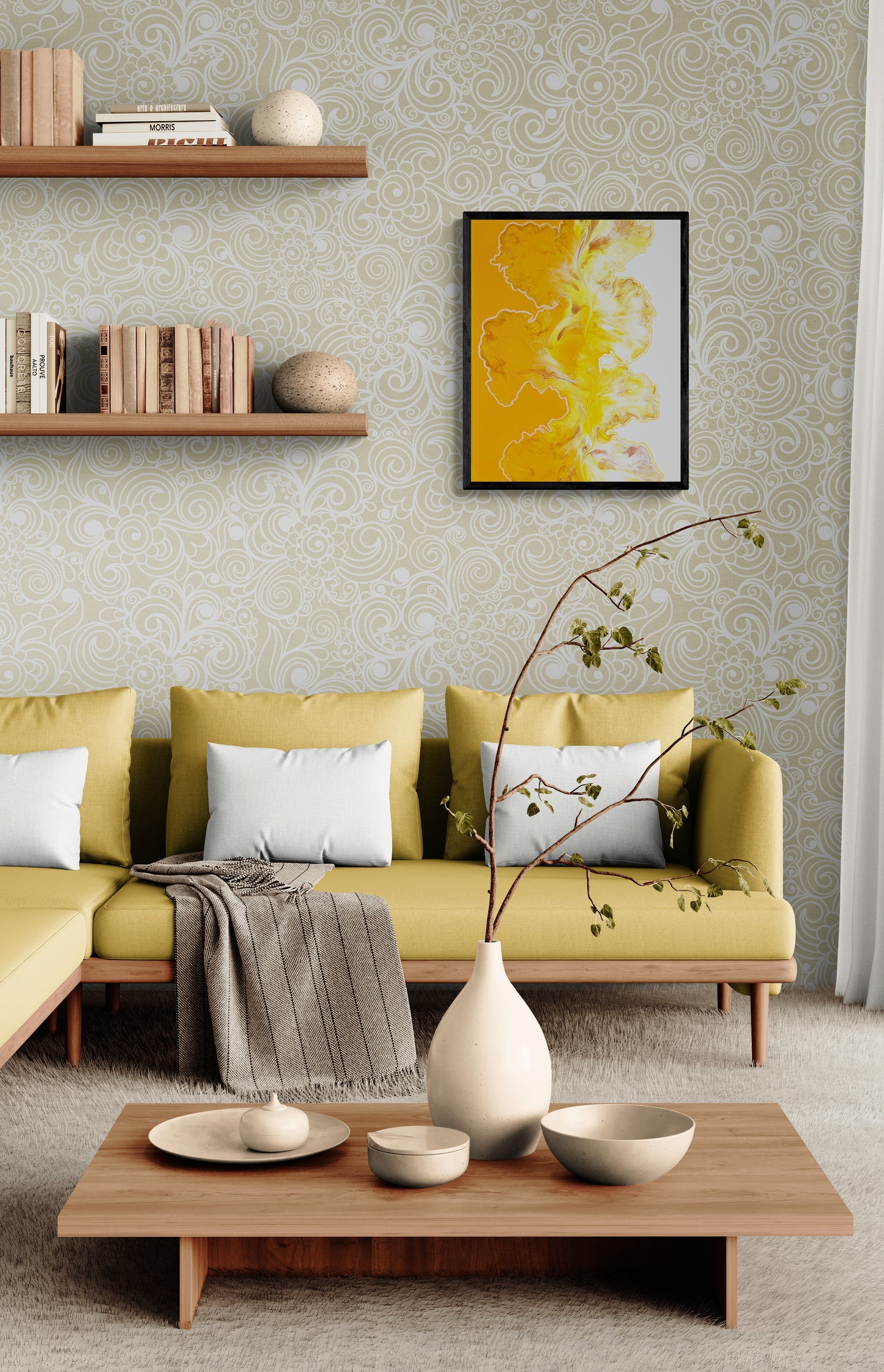 A glowing abstract painting titled "Walk the Line" is framed in black and displayed on a softly patterned cream wallpaper. The painting features bold fluid shapes in golden yellow and white, with a split background of deep orange and white. Below the artwork is a mustard-yellow sectional sofa with pale blue accent pillows, a cozy throw blanket, and a low wooden coffee table topped with minimalist cream-toned ceramics and a sculptural branch, creating a warm, modern living room