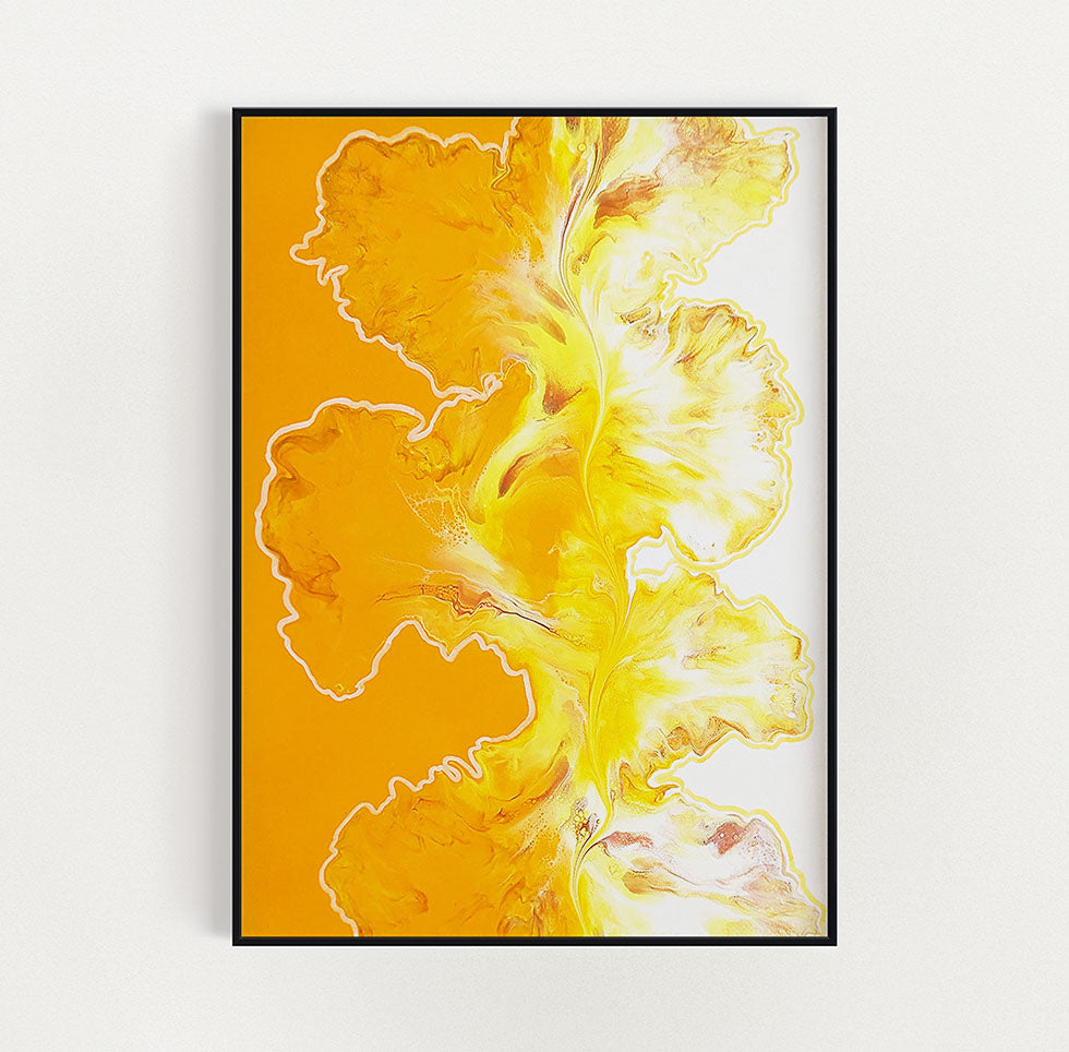 Abstract fluid art print in yellow and white tones framed in black, featuring flowing organic shapes and soft movement.
