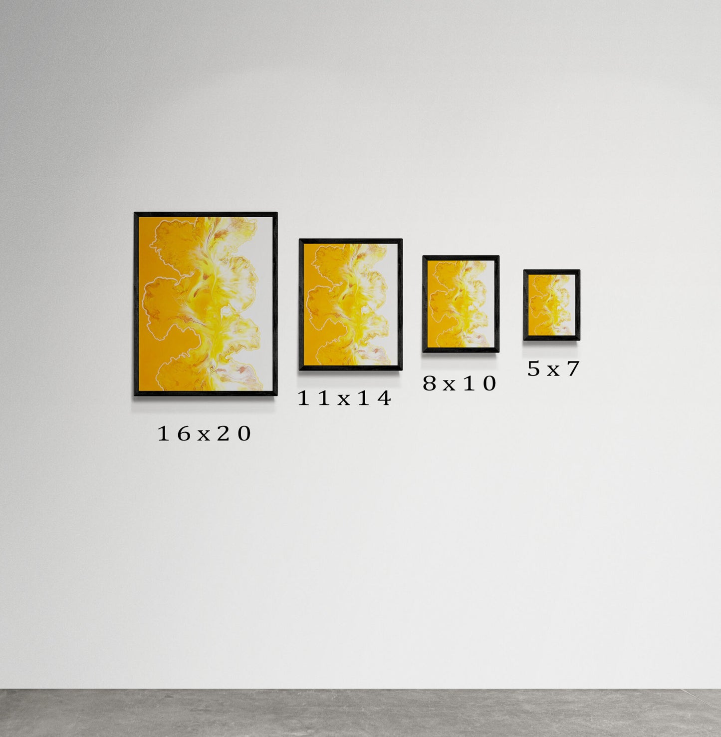 Side-by-side mockup of Abby May Art’s fluid painting “Walk the Line” in different print sizes—16x20, 11x14, 8x10, and 5x7. Each print has a black frame and is displayed on a clean white wall to show scale. The artwork features flowing yellow and white fluid textures. Text under each piece clearly labels the size for visual comparison.