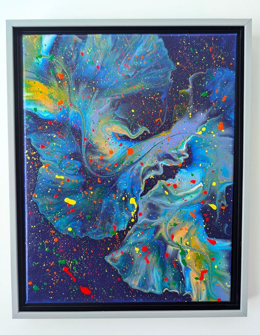 Framed original fluid painting with a dark blue background, swirling teal and purple forms, and expressive splashes of red, yellow, orange, and green.
