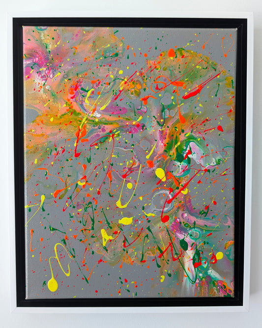 Abstract acrylic fluid painting with a gray base, layered with swirling soft colors and bold splashes of neon yellow, green, red, and orange, framed in black and white.