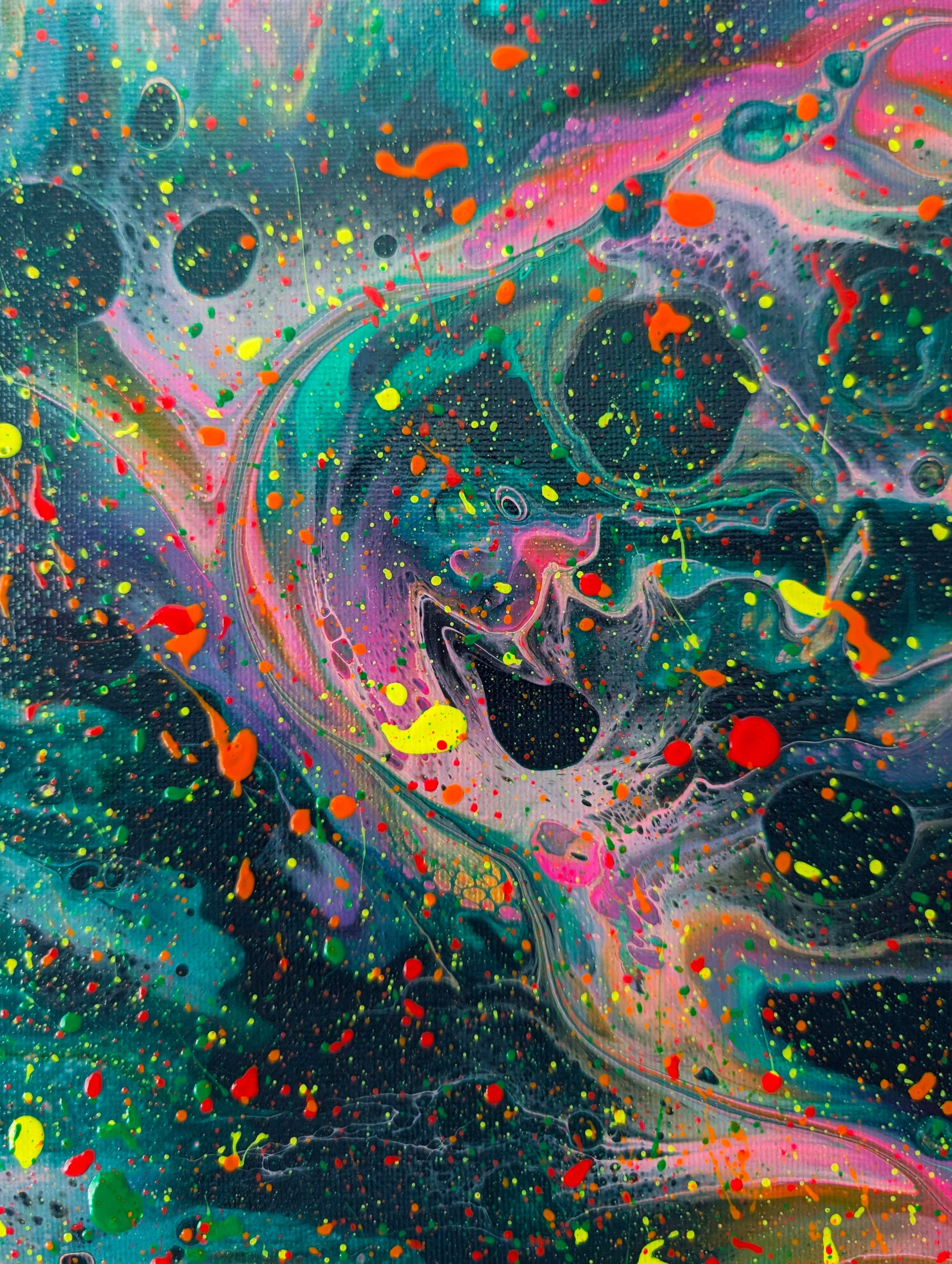 Close-up of the top left corner of the painting, highlighting swirling neon pink ribbons with yellow and orange splatters over dark green cells.