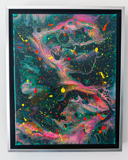 Original acrylic fluid painting in a silver floating frame. Deep green base with bold neon pink and orange flows, accented by splashes of red, yellow, and green.