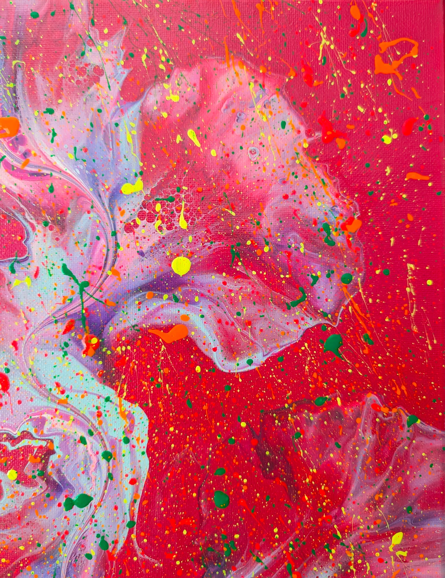 Close-up of the top right section of the canvas, highlighting the contrast between the bold red background and soft flowing purples, with sharp neon yellow, orange, and green paint splatters.